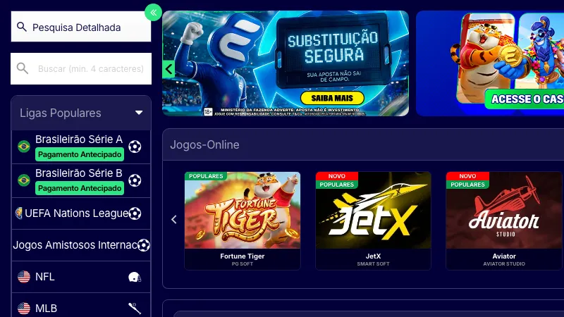 Barra lateral da Esportes da Sorte com o selo Pagamento Antecipado nas ligas populares